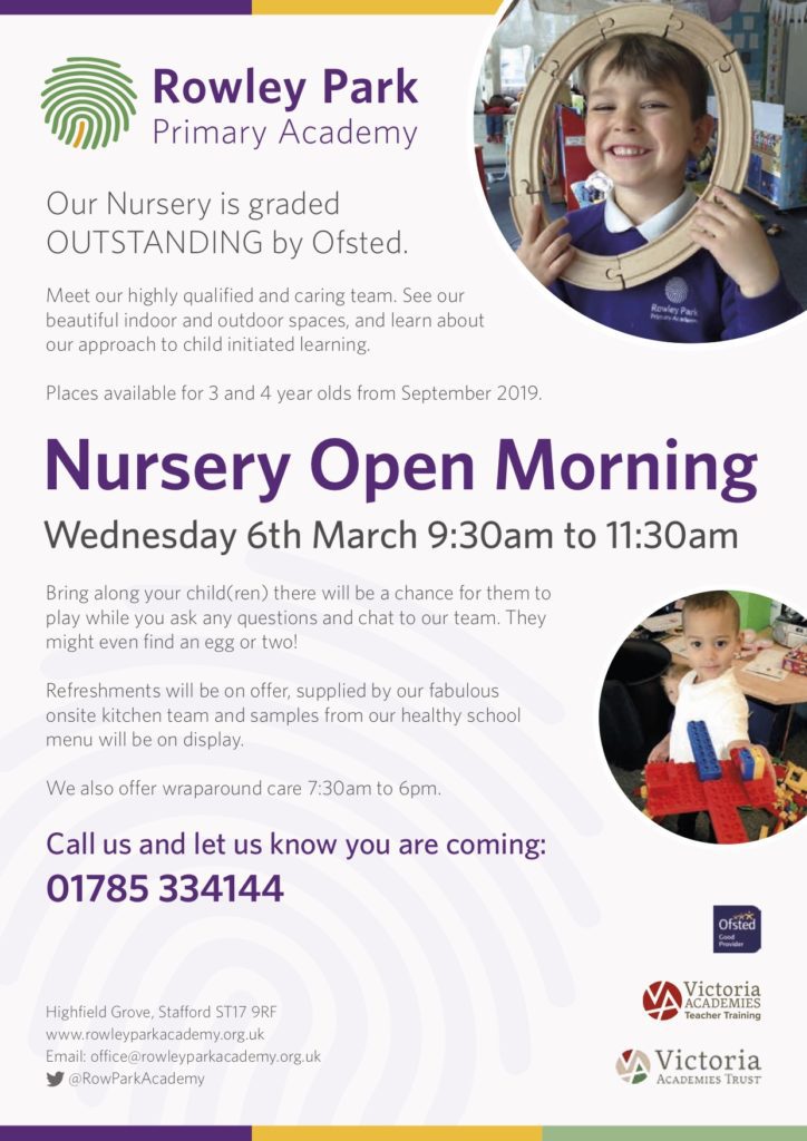 poster for Rowley Park Primary School Nursery Open Morning, Wednesday 6th March 2019